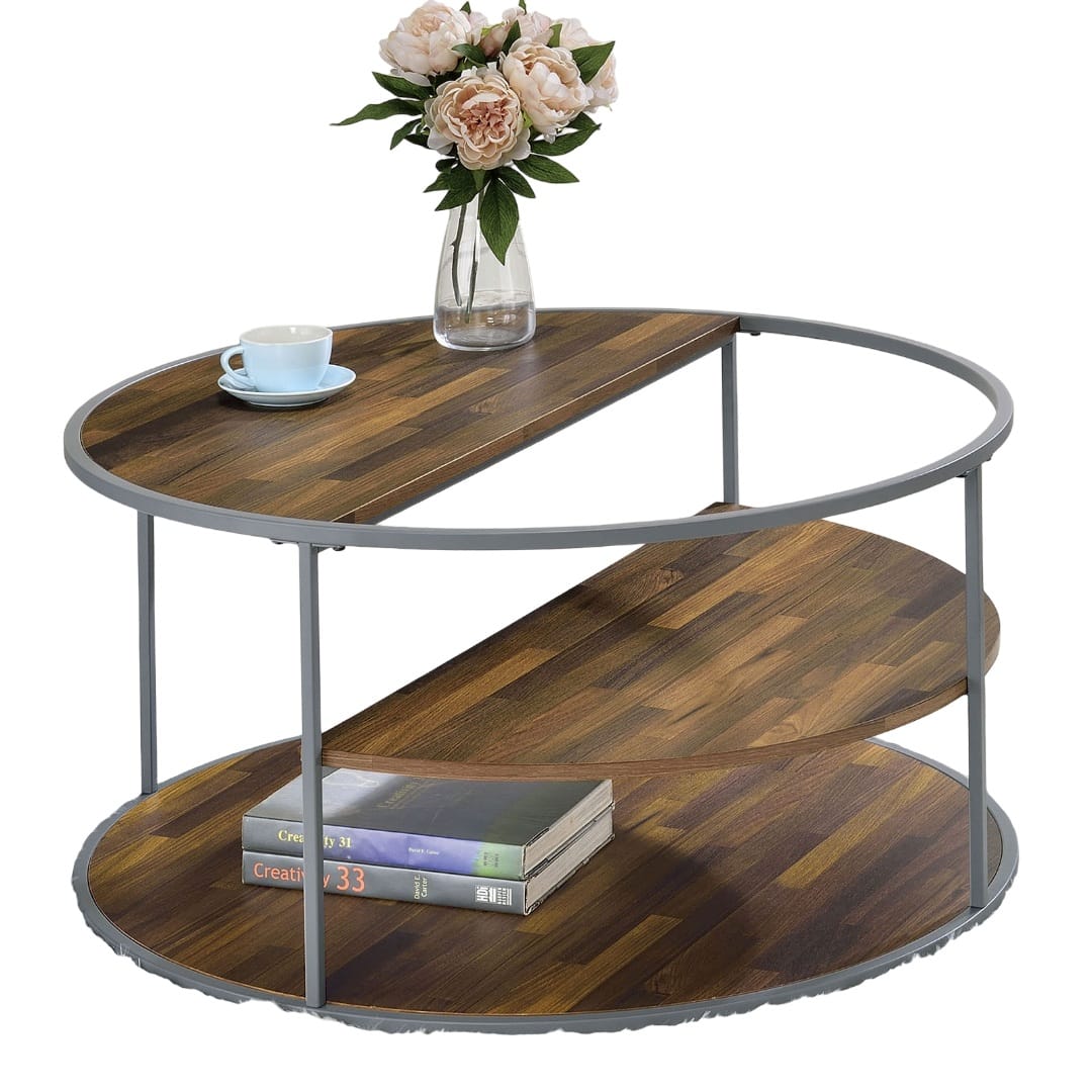 Gray Walnut Industrial Coffee Table with Shelves
