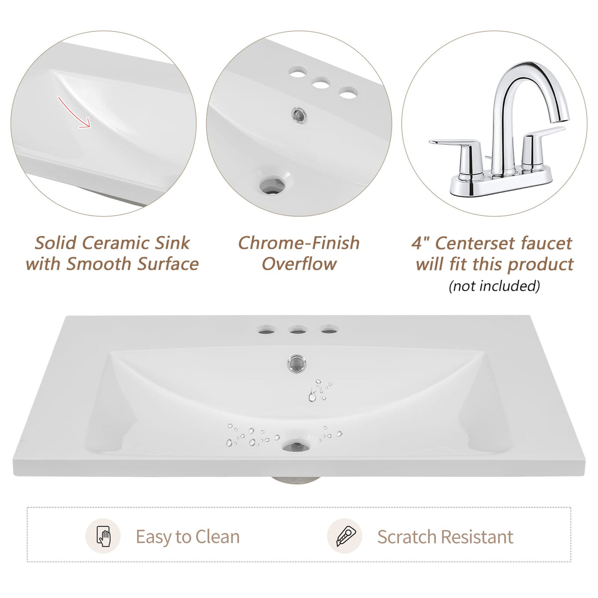 30 Inch White Ceramic Bathroom Vanity Top for Cabinet Renovation