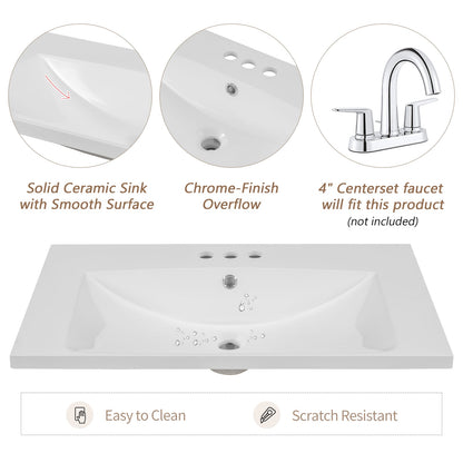 30 Inch White Ceramic Bathroom Vanity Top for Cabinet Renovation