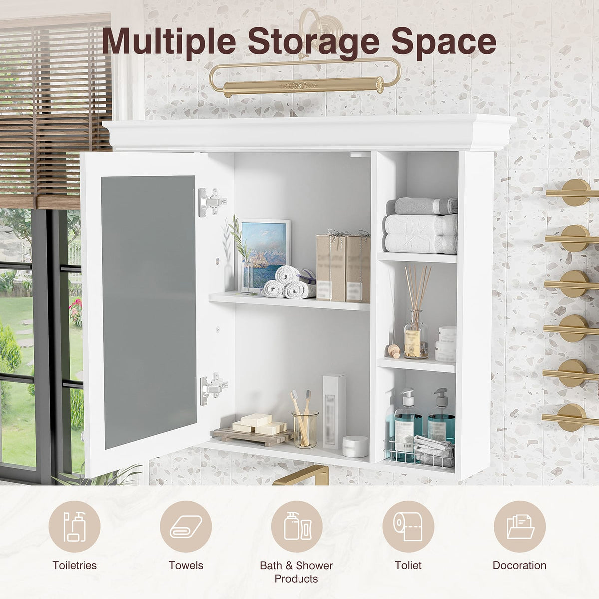 35'' White Wall Mounted Bathroom Storage Cabinet with Mirror Door - MDF