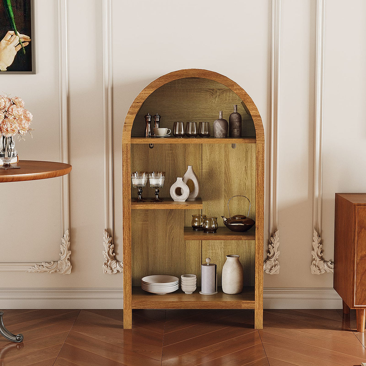 Walnut Melamine Arched Display Cabinet for Entryway or Living Room Storage