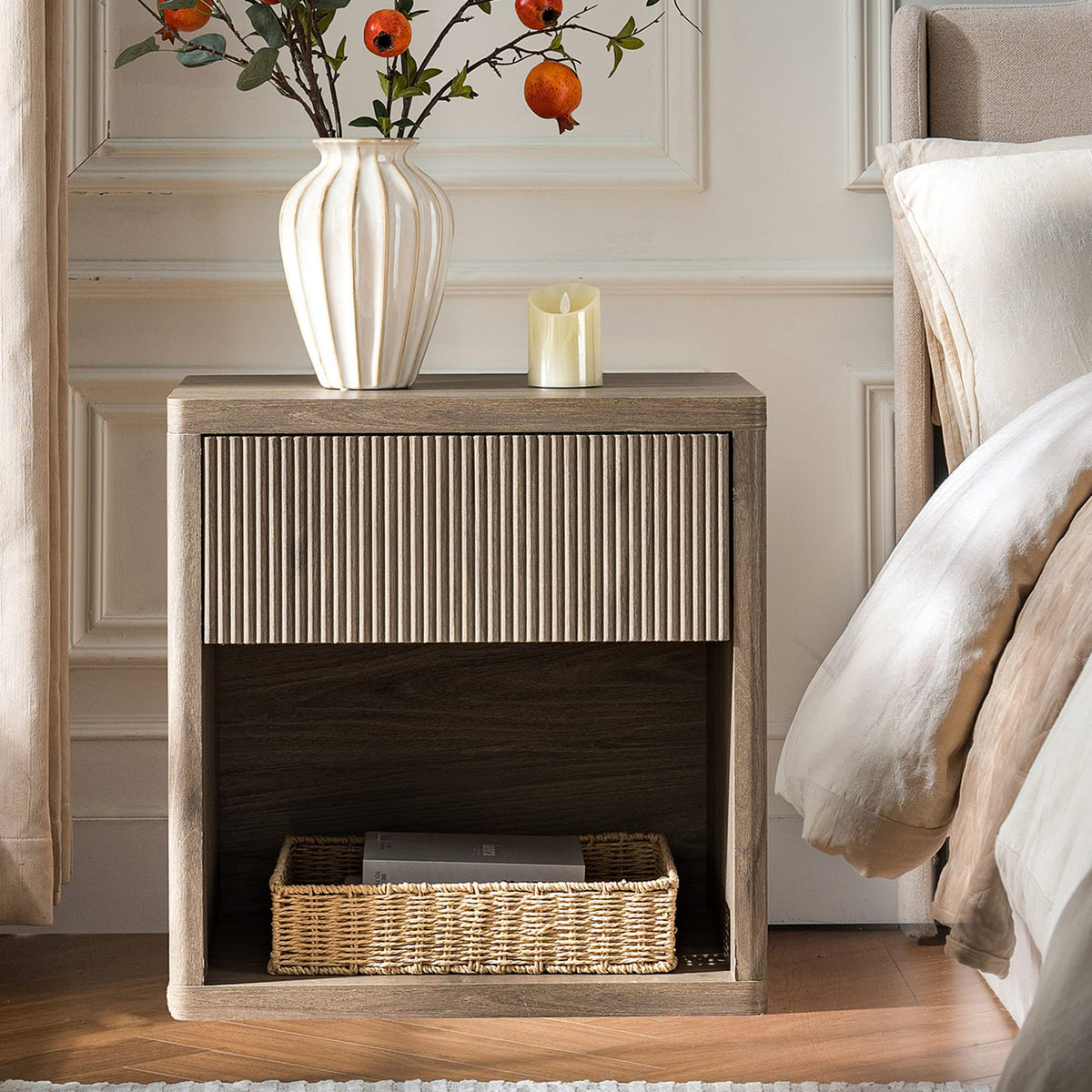 Ash Brown Nightstand with Drawer Storage - Large Modern Side Table