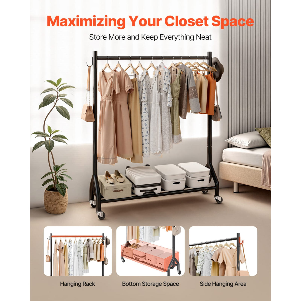 Rolling Clothes Rack - Black Carbon Steel, 198 lb Capacity for Living Room
