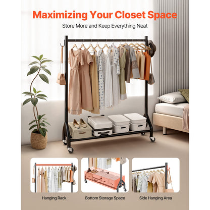 Rolling Clothes Rack - Black Carbon Steel, 198 lb Capacity for Living Room