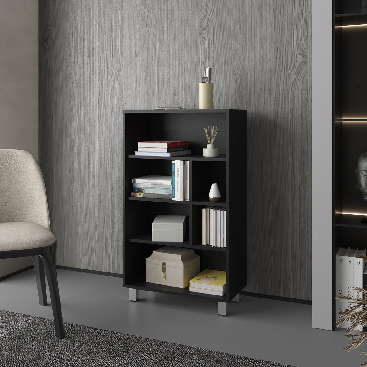 Black Melamine Bookcase 6 Shelves Storage Cabinet