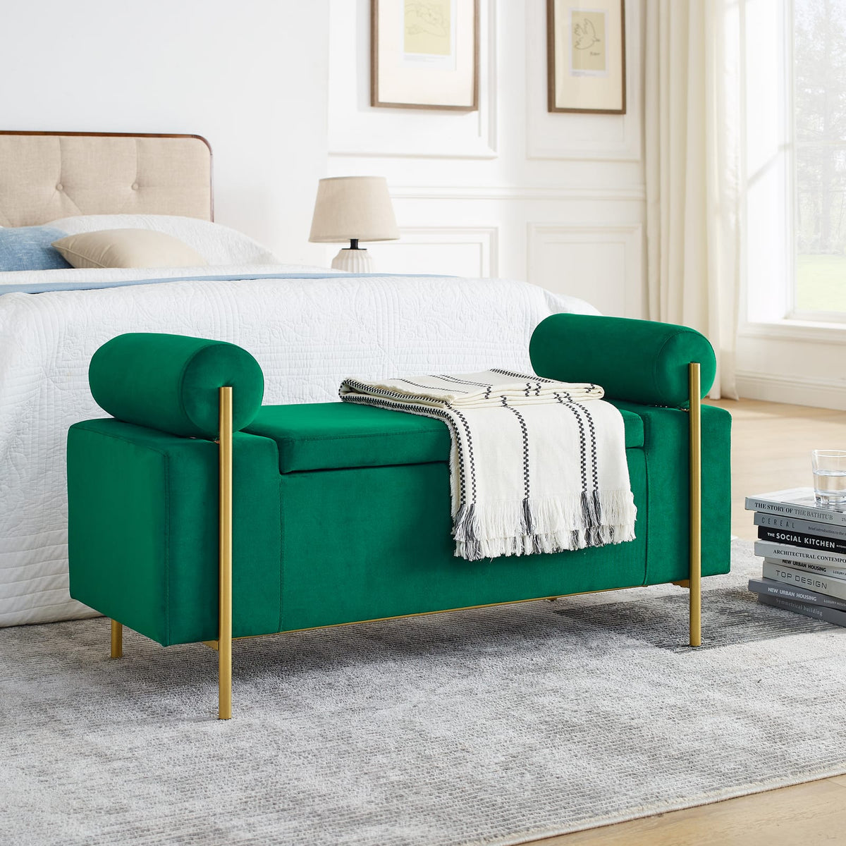 Elegant Green Velvet Storage Bench - Hallway, Living Room, Bedroom