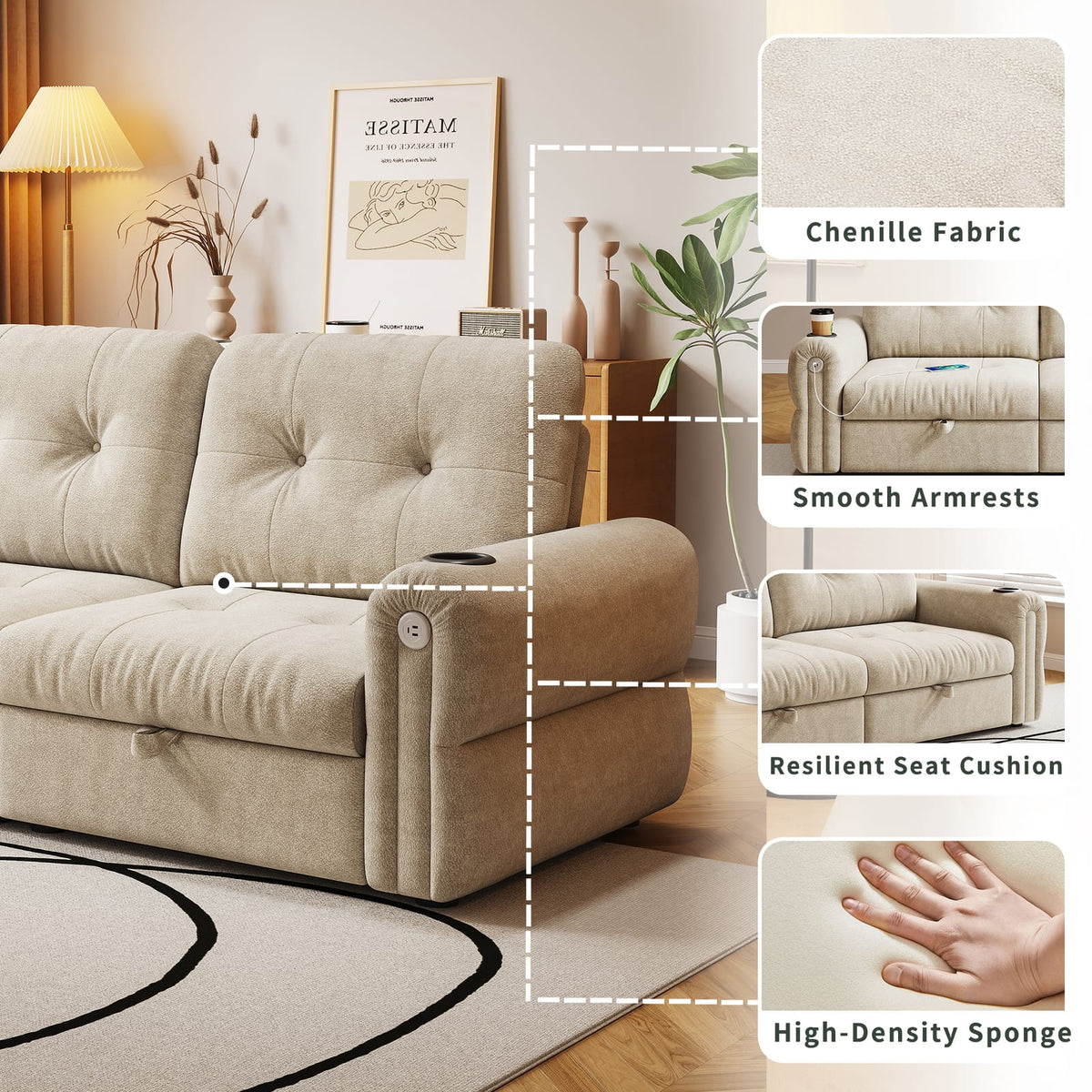 Beige Chenille Convertible Sofa Bed - 77" Multi-Functional Design for Living Room