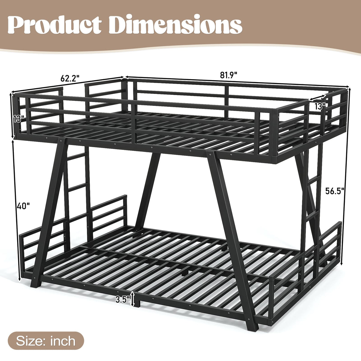 Queen Over Queen Bunk Bed - Black Metal Frame for Bedroom
