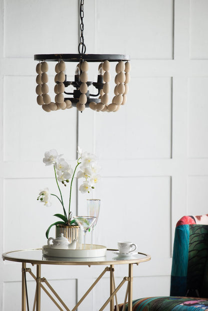 Cream Wood Chandelier - 4 Light Hanging Fixture for Kitchen Dining Room