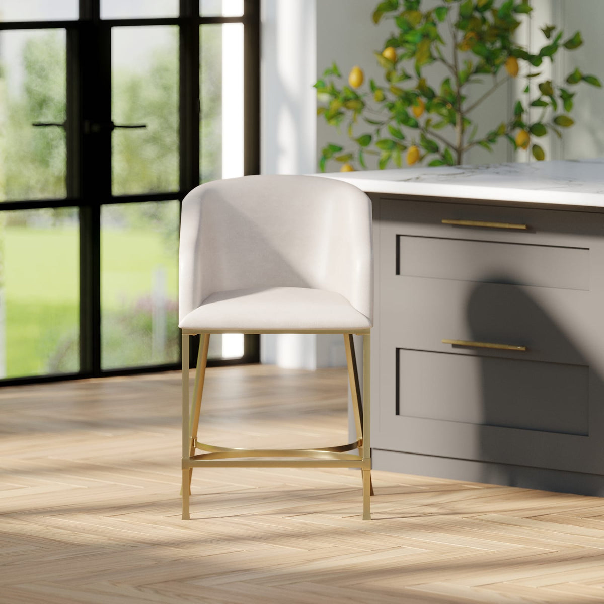 26" Modern Counter Stool - White Faux Leather & Gold Steel Frame, 1PC