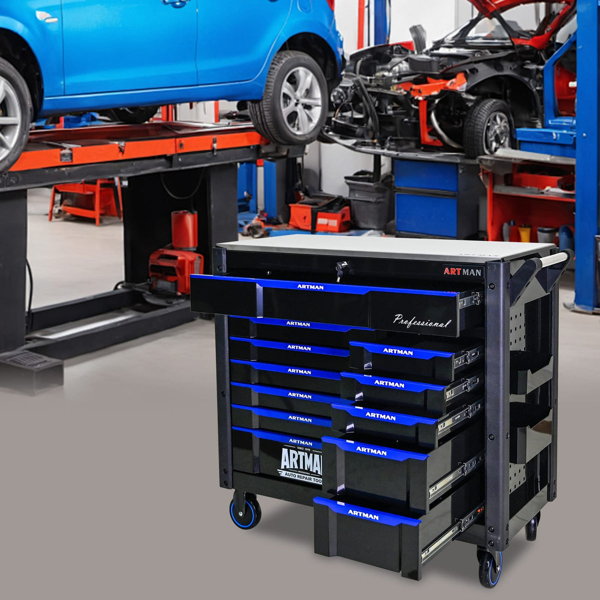 12-Layer Tool Trolley with Wheels - Black & Blue Steel