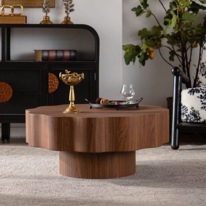 Walnut Wood Coffee Table - 31.3" Round Scalloped Edge Table for Living Room