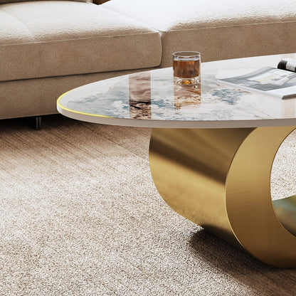 Gold Marble Coffee Table with Gold Steel Base, Oval Design for Living Room