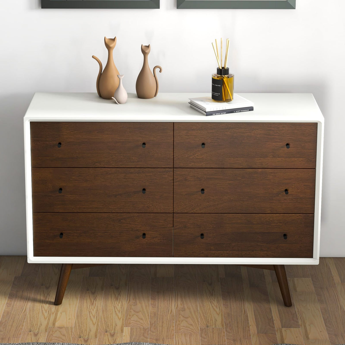 6-Drawer Mid Century Modern Dresser - Dark Brown White