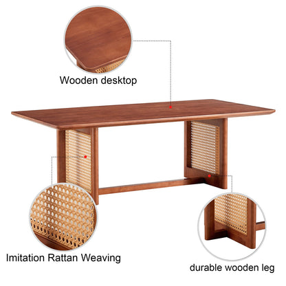 Walnut Rubber Wood Coffee Table Imitation Rattan Style for Living Room