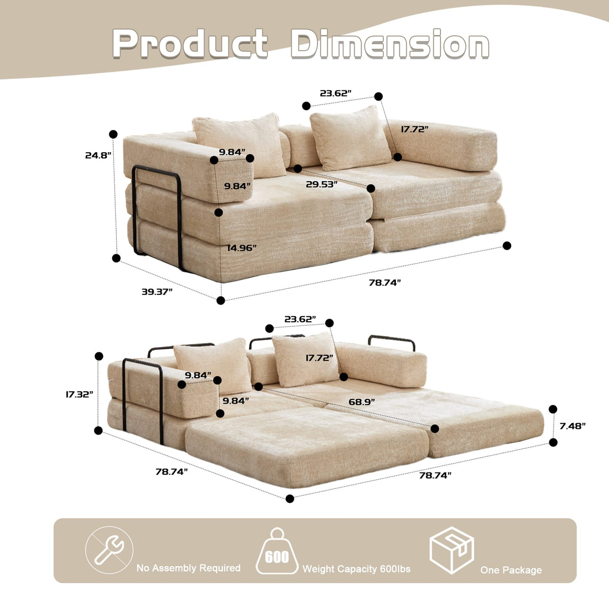 Beige Chenille Convertible Sofa Bed with Memory Foam for Guest Room for Living Room