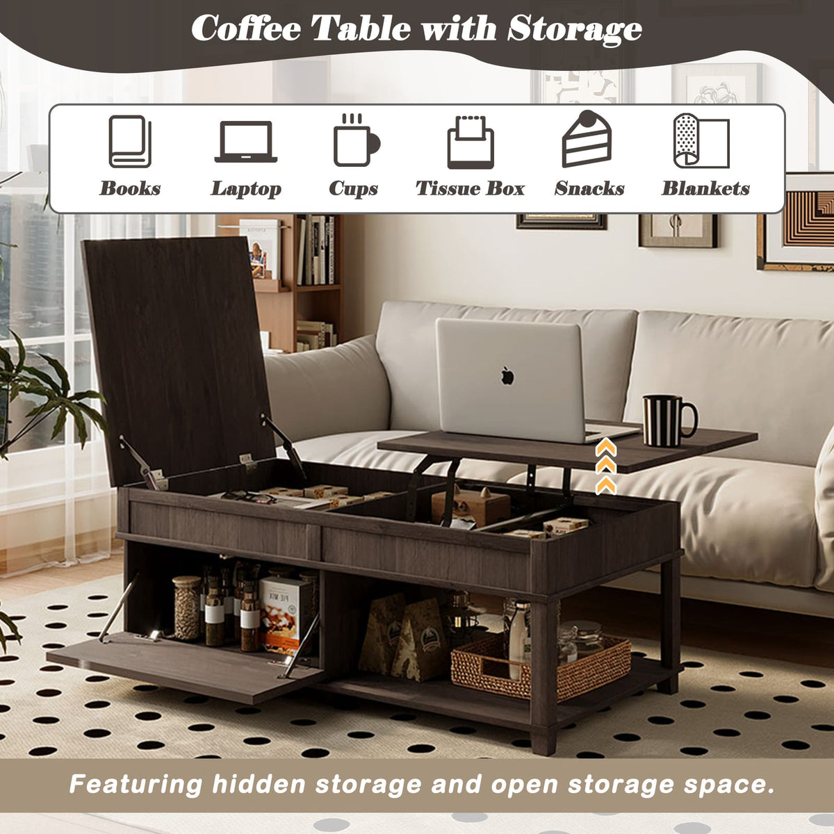 Lift-Top Coffee Table with Hidden Storage, Brown for Living Room