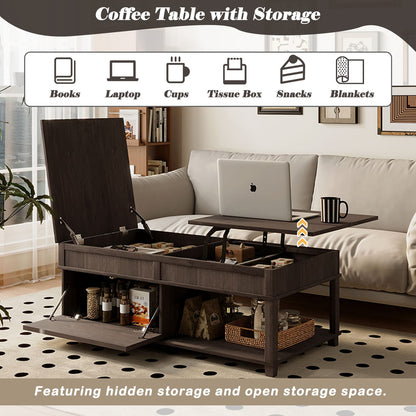Lift-Top Coffee Table with Hidden Storage, Brown for Living Room