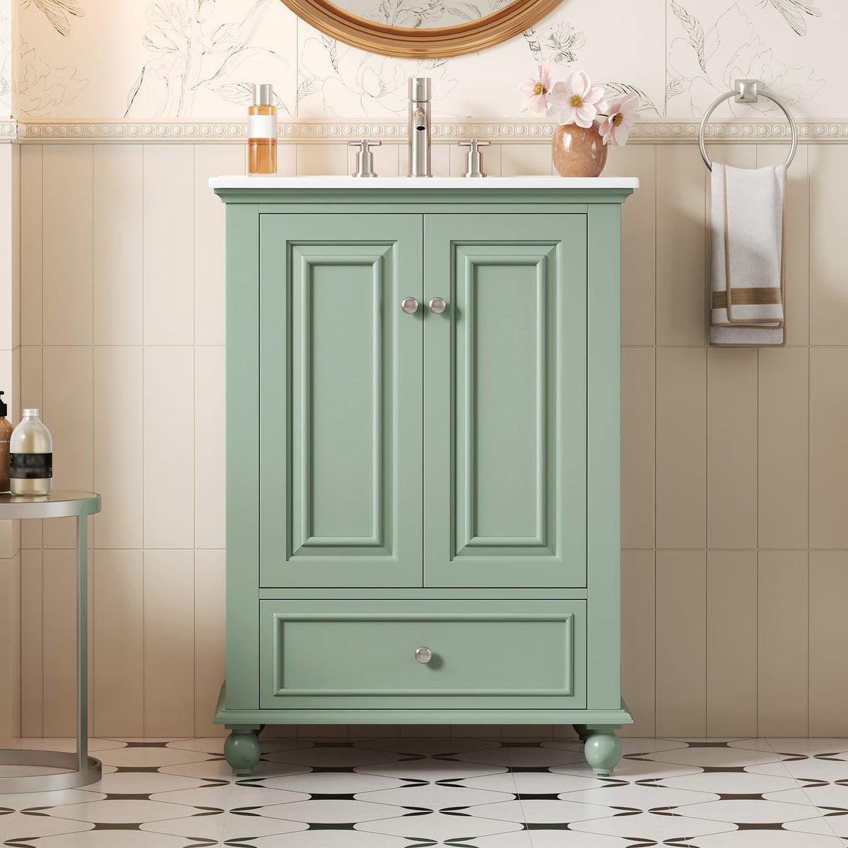 Green Bathroom Vanity with Ceramic Sink Storage