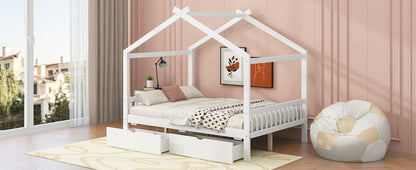 Full Size White Pine Bed with Storage Drawers & Roof Design for Bedroom