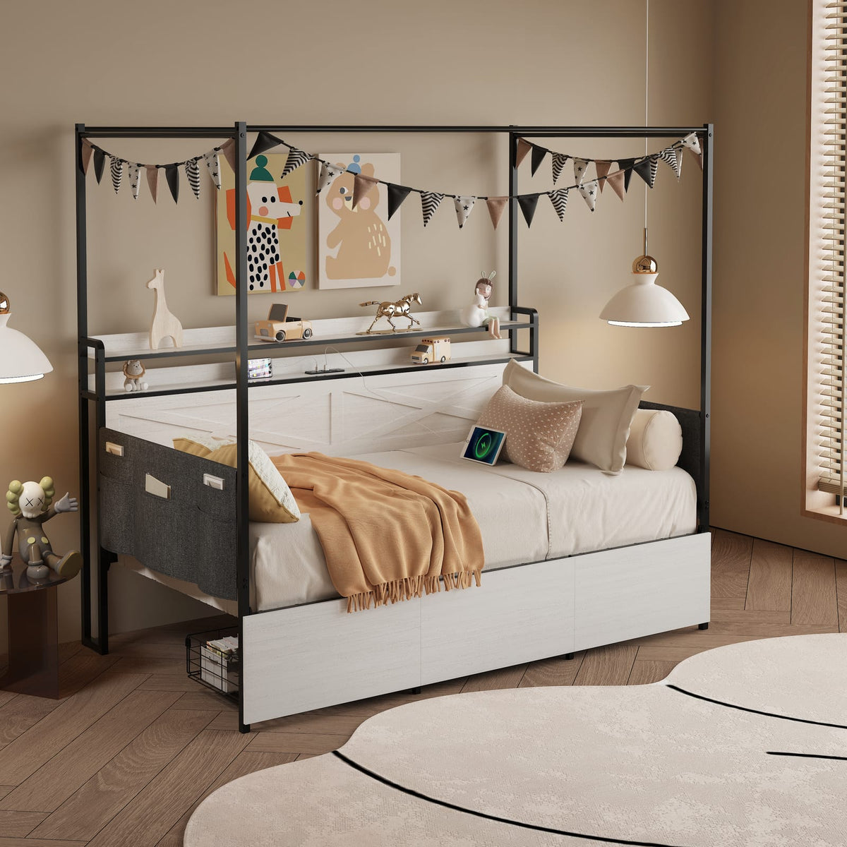 Twin Size Bed Frame with Storage Drawers, White MDF Metal