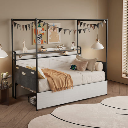 Twin Size Bed Frame with Storage Drawers, White MDF Metal