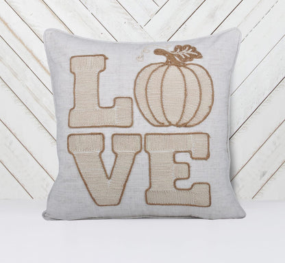 LOVE Pumpkin Embroidered Throw Pillow - Rustic Beige Fall Decor