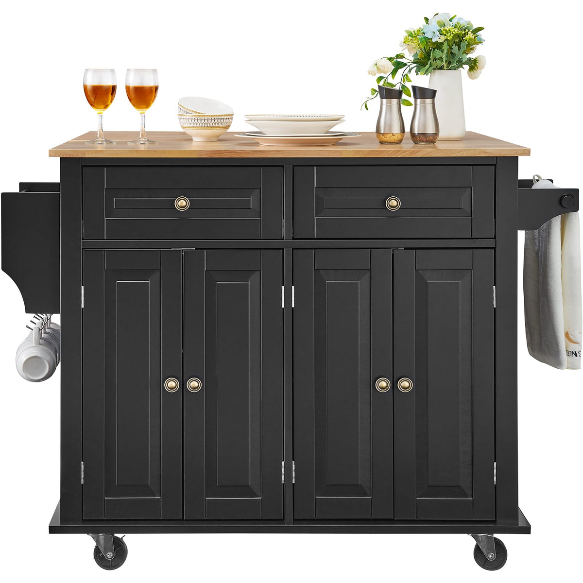 Black Rolling Kitchen Island Storage Cabinet with Drawers and Shelves
