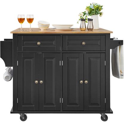 Black Rolling Kitchen Island Storage Cabinet with Drawers and Shelves