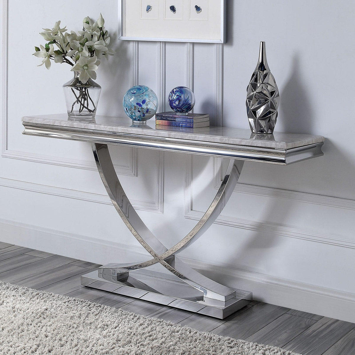 55" Chrome Glam Coffee Table with Faux Marble Top