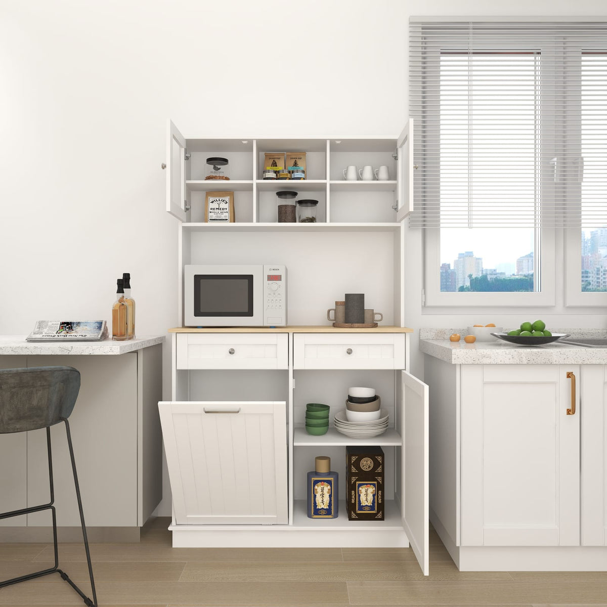 67.7" White MDF Kitchen Storage Cabinet - Trash Can with Shelves