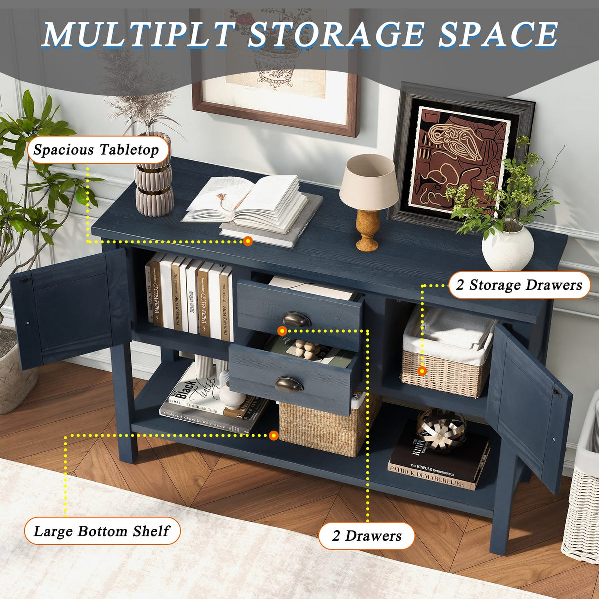 Navy Blue Pine Console Table - 46" Storage Buffet Server