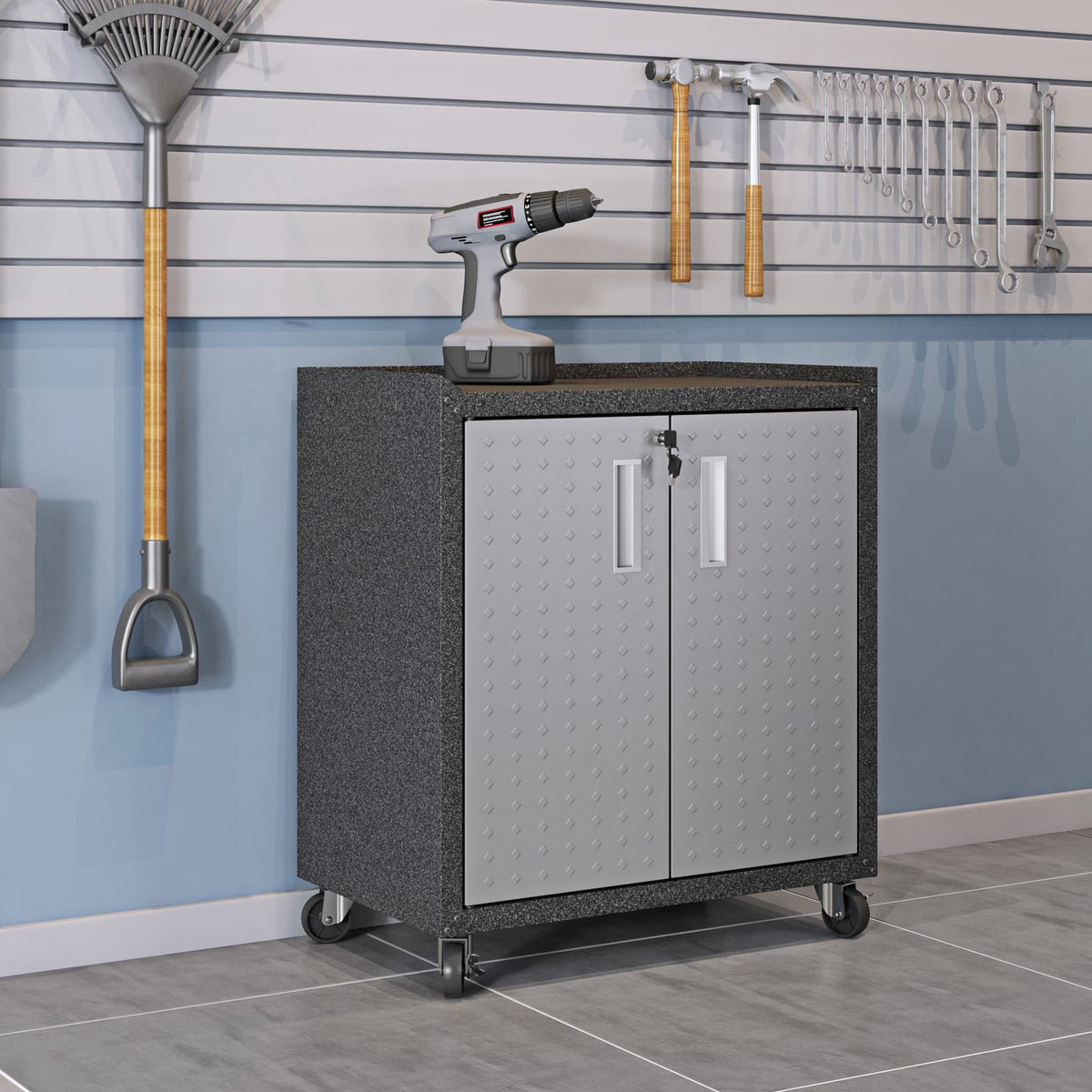 31.5" Dark Grey Metal Rolling Garage Cabinet - 2 Door Storage