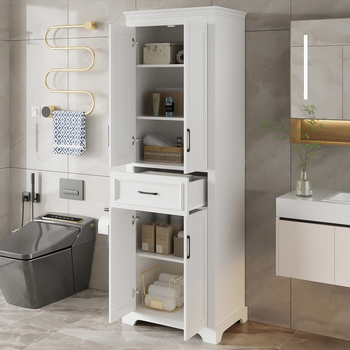 White Bathroom Vanity with 4 Doors & Drawer - Freestanding Storage Cabinet