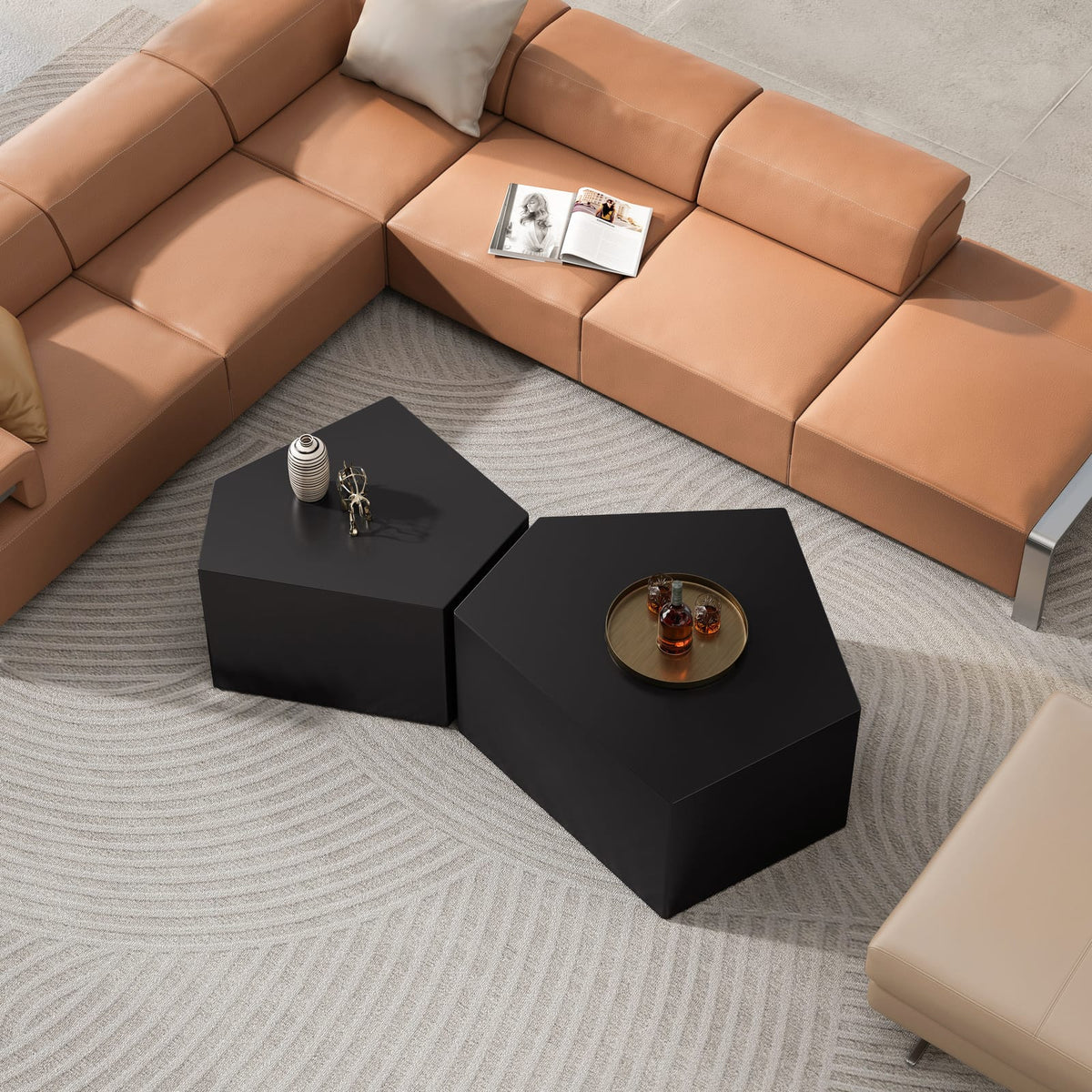 Irregular Pentagon Nesting Coffee Table Set, Black (Set of 2) for Living Room