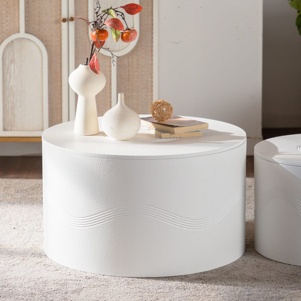 Large White Round Coffee Table Set - 2 Piece MDF Table with Storage