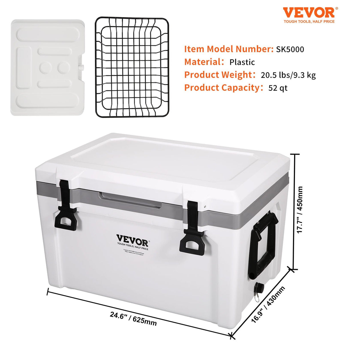 52 Qt Portable Cooler - White Plastic Ice Chest for Camping & Beach
