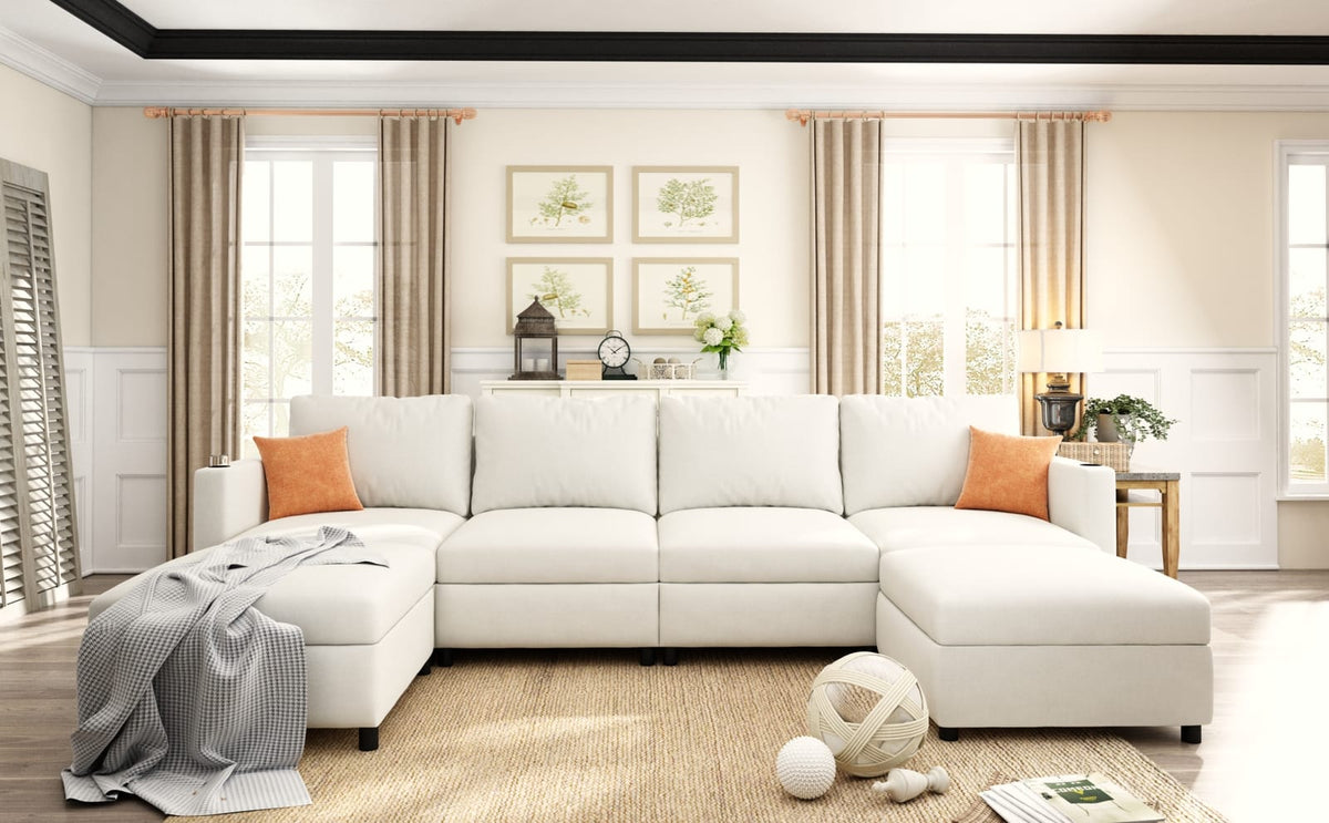 6 Seat Antique White Fabric Storage Sofa with Ottomans