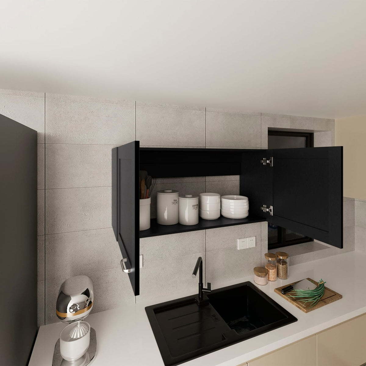 Black Wall Cabinet - 2 Doors, Compact Storage for Living Room