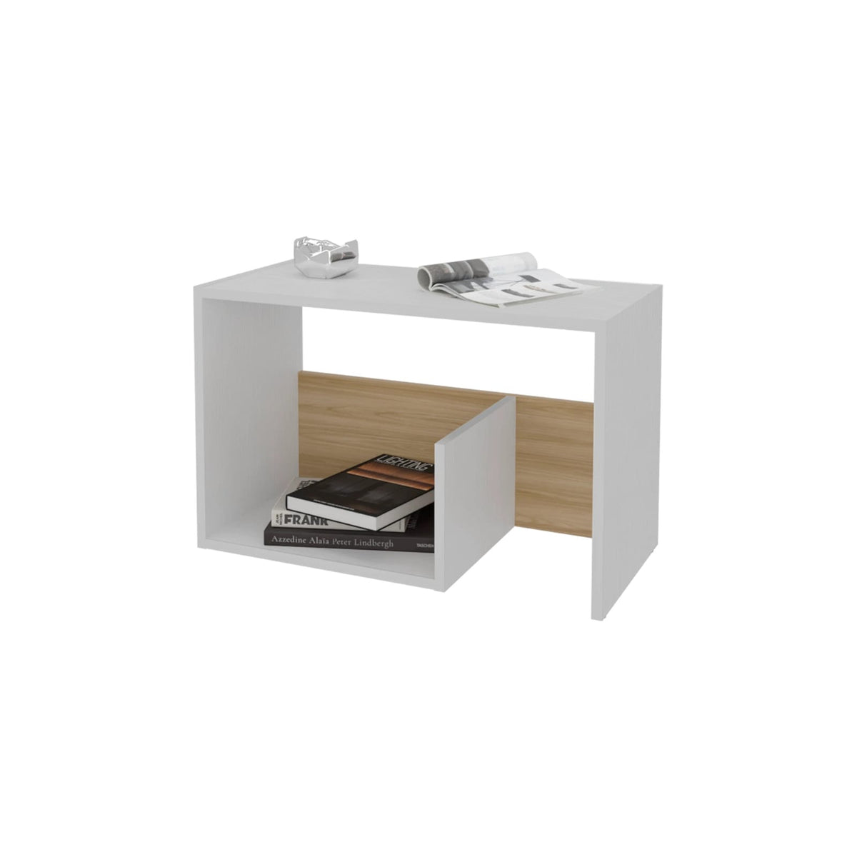 Light Oak Particle Board Side Table with Open Storage for Living Room
