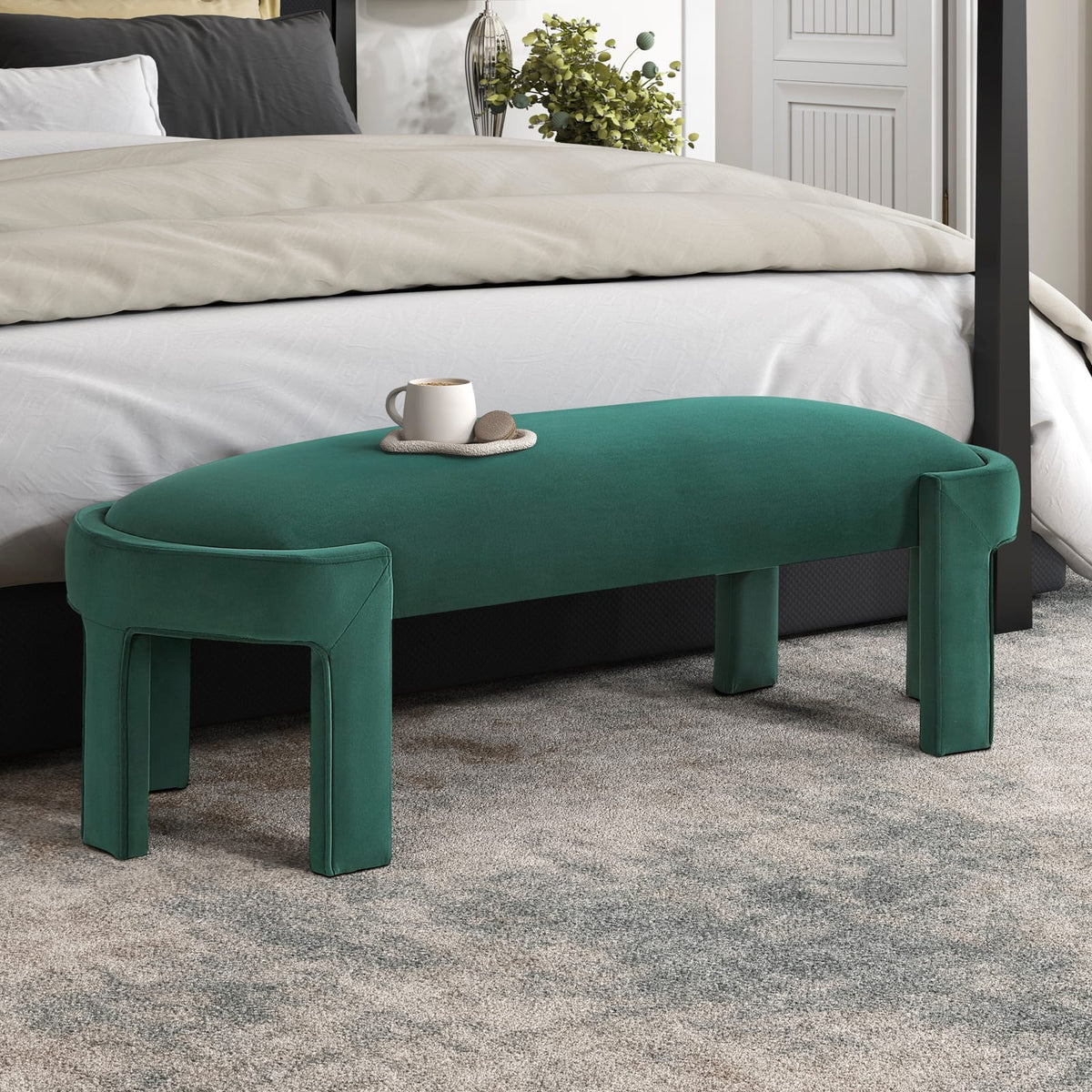 Green Velvet Plywood Bench - 54" Bedroom Accent Piece