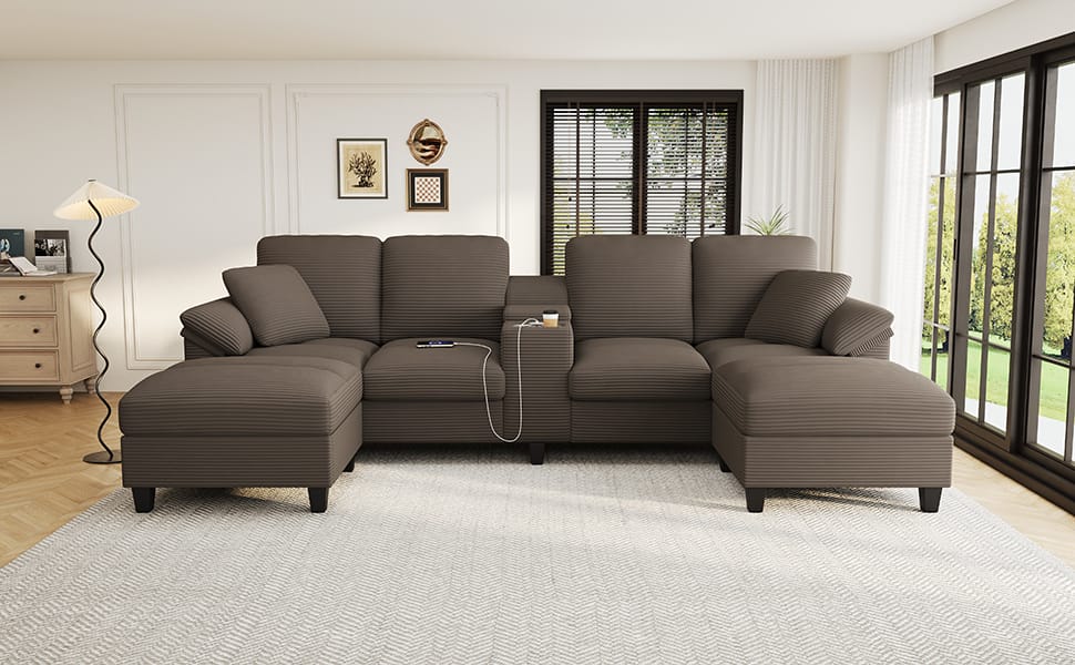 Brown Corduroy Sectional Sofa - 4 Seat U-Shaped with Storage