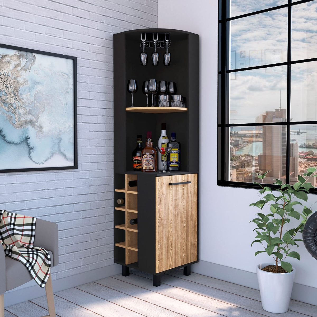 70" Tall Corner Bar Cabinet with Wine Storage