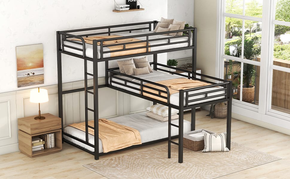 L-Shaped Metal Bunk Bed - Black (Triple Twin Size) for Bedroom