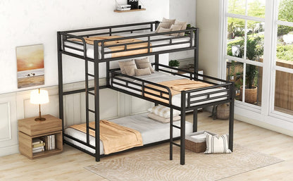L-Shaped Metal Bunk Bed - Black (Triple Twin Size) for Bedroom