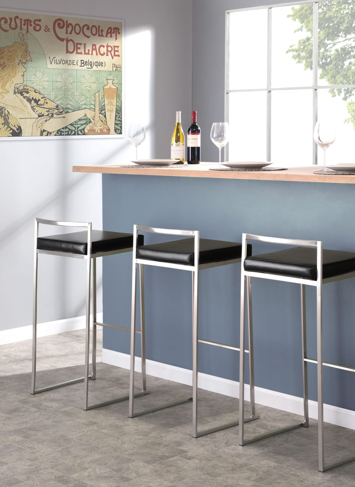 Stackable Black Faux Leather Barstools for Dining Room Storage Set
