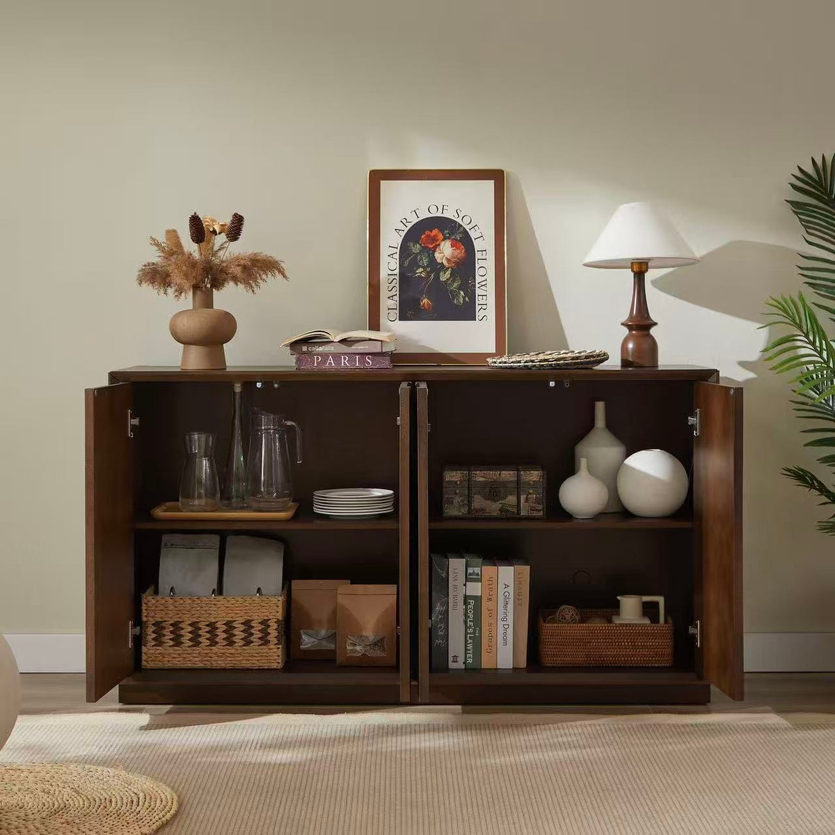 Natural Walnut 4-Door Accent Cabinet - Storage Sideboard
