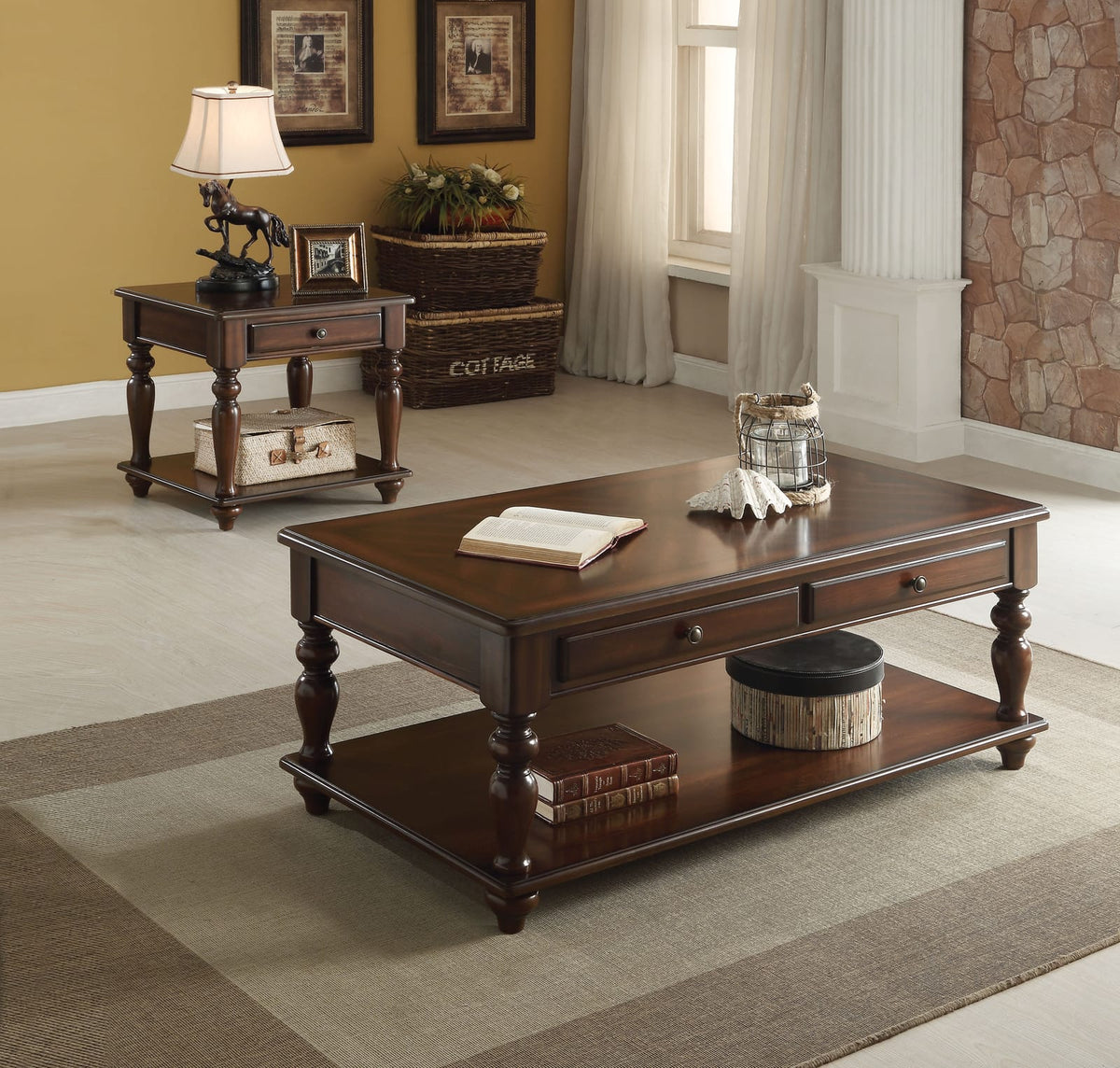 Walnut 1-Drawer Rectangular End Table