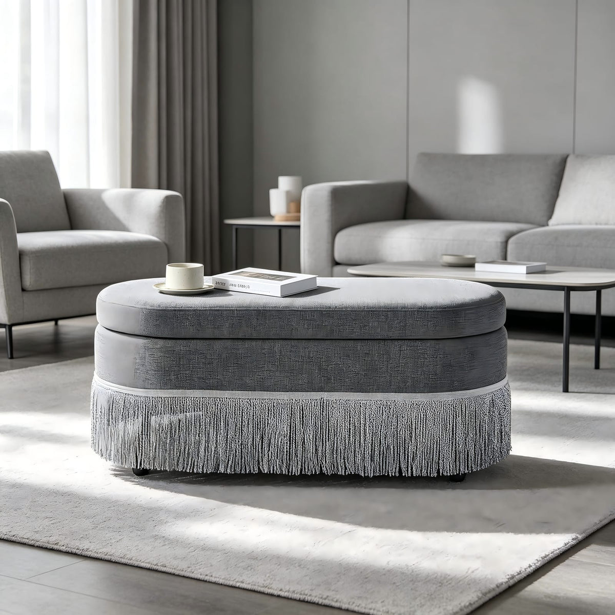 Grey Foam & Metal Storage Ottoman - Lift Top, Hidden Storage for Living Room