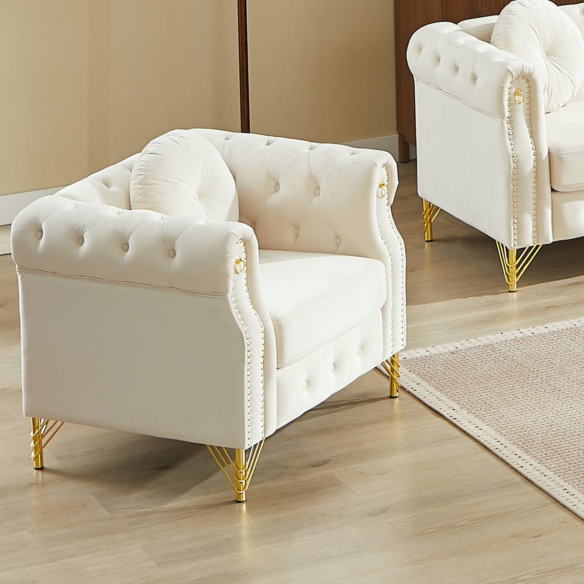 Beige Velvet Chesterfield Sofa - 1 Seat